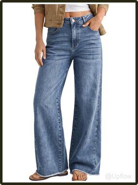 Women's Wide Leg Jeans Mid Rise Relaxed Fit Raw Hem Stretch Waist Button Fly